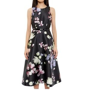 Ted Baker Rosa Kensington Black Floral Sleeveless Flare Midi Dress US Size 12